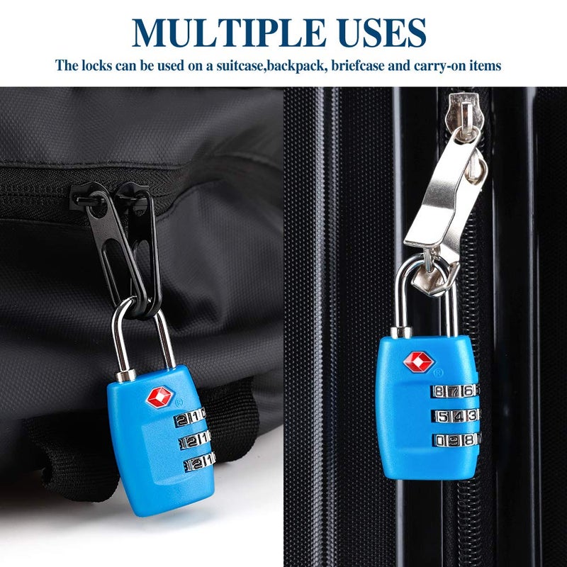 Cluckyu TSA Luggage Locks (4Pack) - 3 Digit Combination Padlocks - Approved Travel Lock for Suitcases & Baggage (Blue) - Image 5